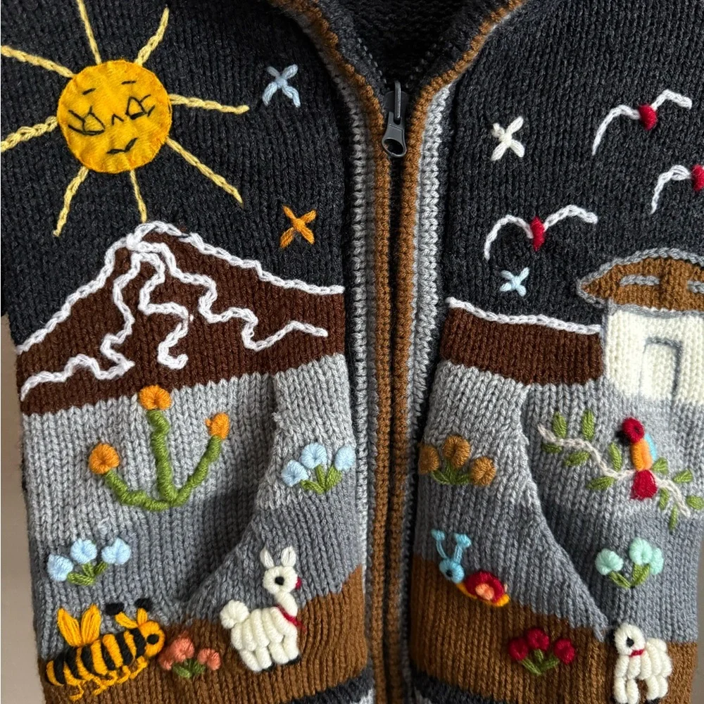 Handmade Peru Baby Sweater 12-18M Embroidered Zip Cardigan Alpaca Style - Picture 2 of 5